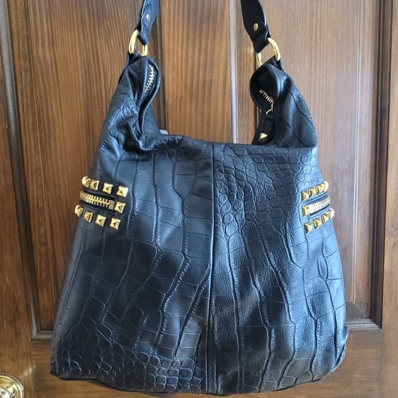 Betsey Johnson Large Hobo Croc To It Black and Gold Studded Women's Bag - Picture 9 of 12